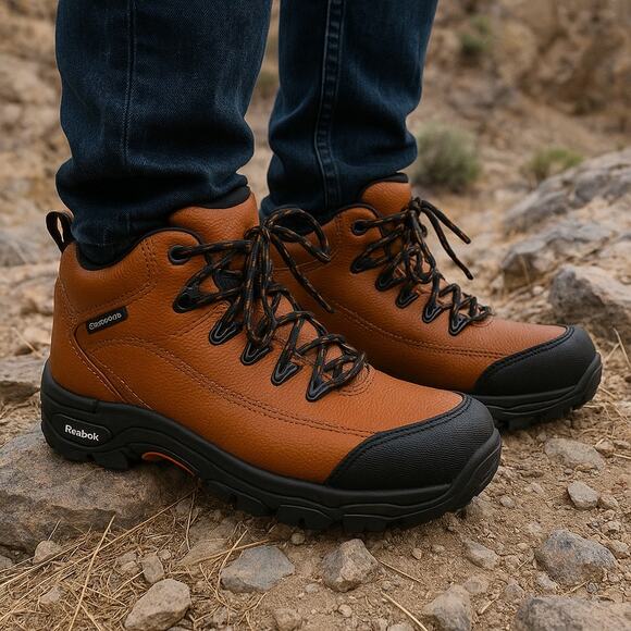 Reebok Waterproof Composite Toe Brown Leather Unisex Hiking Boots M/8.5 W/10.5 - Picture 1 of 12
